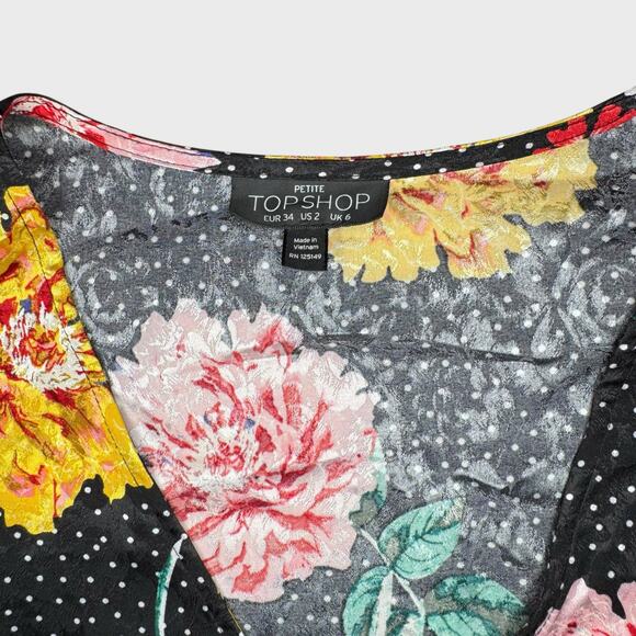 Topshop Small Cropped Long Sleeve Black Polka Dot Tie Front Blouse Vintage Chic - Picture 3 of 7